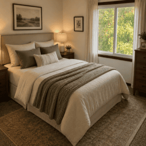 A cozy bedroom at Westridge Apartments features a neatly made bed with green and white bedding, wooden furniture, a window with curtains, lamps, and framed art on cream walls. Sunlight streams through the window, creating a warm atmosphere. A cozy bedroom at Westridge Apartments features a neatly made bed with green and white bedding, wooden furniture, a window with curtains, lamps, and framed art on cream walls. Sunlight streams through the window, creating a warm atmosphere.