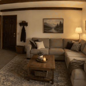 Cozy living room at Westridge Apartments with a sectional sofa, coffee table, TV, plants, wall art, lamp, and a large window with curtains. Neutral tones and wooden accents create a warm, inviting atmosphere. Cozy living room at Westridge Apartments with a sectional sofa, coffee table, TV, plants, wall art, lamp, and a large window with curtains. Neutral tones and wooden accents create a warm, inviting atmosphere.